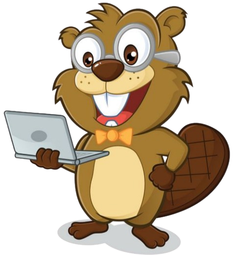 Barry Beaver, a cartoon beaver in round glasses and an orange bow tie, holding a laptop.