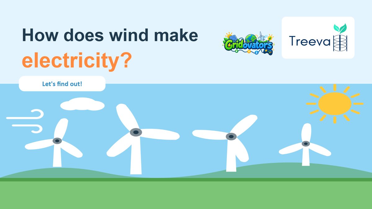 Opening slide: How does wind make electricity? Four wind turbines turn on green hills under a bright sun.